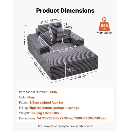 VEVOR Chaiselongue Relaxliege 138 cm, gepolstertes Schlafsofa mit Dekokissen & Armlehnen, Schlafcouch mit tiefer Sitzfläche für Wohnzimmer Schlafzimmer, Loungesessel aus hochelastischem Schwamm – Bild 6