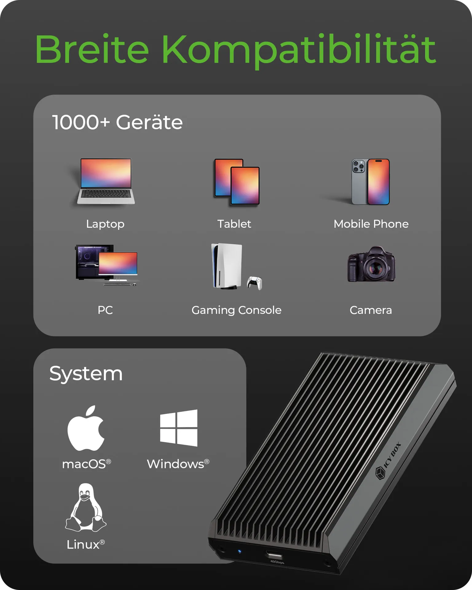 ICY BOX IB-1920M-C42, Gehäuse für NVMe M.2 SSD mit USB4 Gen 3x2 (40 Gbit/s), mit USB Type-C zu USB Type-C Kabel und Gummifixierung – Bild 7