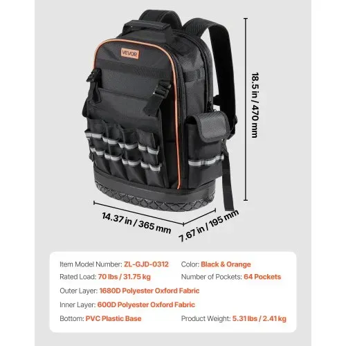 VEVOR Werkzeugrucksack, 64 Taschen, Werkzeug-Aufbewahrungs-Organizer, Backpack mit Laptopfach & geformtem Boden, Baustellenrucksack für Elektriker, Reparaturarbeiter & Heizungstechniker – Bild 6