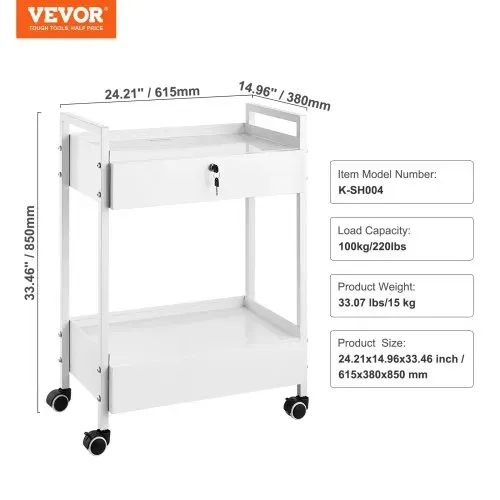 VEVOR Laborwagen, 2-stöckiger Allzweckwagen aus Edelstahl, Medizinwagen mit 2 Schubladen, Rollbarer Laborwagen, Weiß Servierwagen mit Lenkrollen für Labor, Krankenhaus, Zahnarztpraxis, Salon usw. – Bild 6