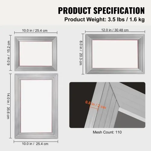 VEVOR Siebdruck Kit, 3 Stk. Aluminium Siebdruck Rahmen 152,4x254 mm/203,2x304,8 mm/254x355,6 mm 110 Mesh, 5 Glitter & Siebdruck Rakel & Folien für T-shirts, DIY Druck usw. – Bild 6