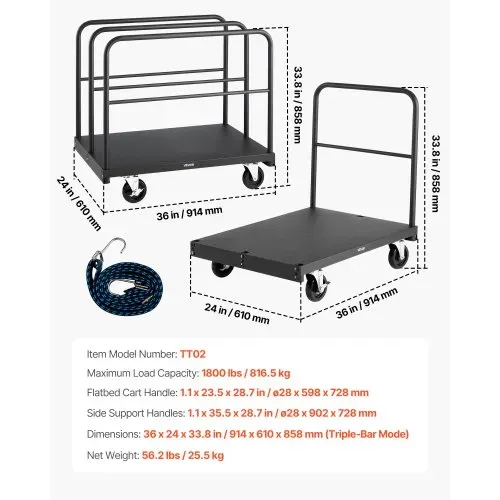 VEVOR Plattenwagen, 816 kg, 2-in-1 Transportwagen mit 360° Lenkrollen, Plattenroller, Plattenkarre mit 4 seitlichen Handläufen, Transporthilfe für Fabrik, Lager, Garage, Schwarz 914x610x858 mm – Bild 6