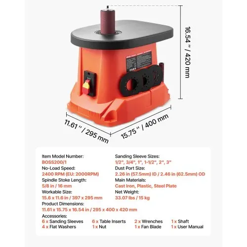 VEVOR Oszillierender Spindelschleifer, 2000 U/min Spindelschleifmaschine mit 6 Hülsen (12,7–76,2 mm), 16 mm Hub & 397x295 mm Gusseisentisch für Möbelveredelung, Kunsthandwerk & Holzbearbeitung – Bild 6