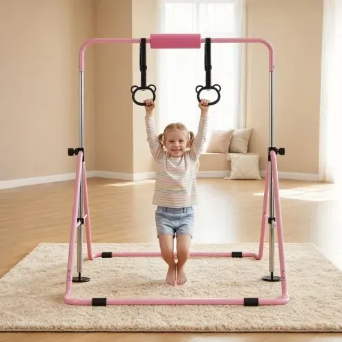 VEVOR Gymnastikstange für Kinder mit 63,5 kg Tragkraft, Klappbares Turnreck mit Turnringen, Höhenverstellbare Turnstange für Indoor- und Outdoor-Training, Heimtrainingsgerät für Kinderturnen, Pink – Bild 7