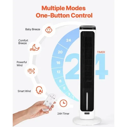 VEVOR Turmventilator, 7,1 m/s Geschwindigkeit, leiser Standventilator, 70° oszillierende Ventilatoren mit 9 Gang, 4 Modi, 24-Stunden-Timer, Fernbedienung, für Schlafzimmer, Büro, Zuhause – Bild 5