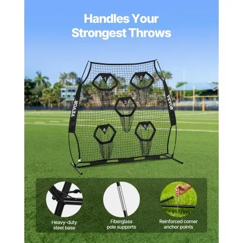 VEVOR Fußballtrainer Wurfnetz Übungsnetz (208 x 91 x 189 cm) mit 5 Zieltaschen & tragbarer Aufbewahrungstasche & Guren & knotenlosem Netz, Training für die Passgenauigkeit des Quarterbacks, schwarz – Bild 3