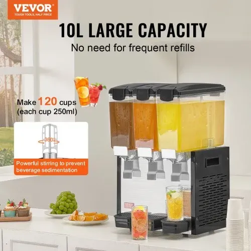 VEVOR kommerzieller Getränkespender mit 3 Tanks, Saftspender 10 L (pro Tank), 440 W Edelstahl Eistee-Getränkeautomat mit 7–12 °C Kühltemperatur, für Kaltgetränke Restaurant Bar Party Buffet Catering VEVOR kommerzieller Getränkespender mit 3 Tanks, Saftspender 10 L (pro Tank), 440 W Edelstahl Eistee-Getränkeautomat mit 7–12 °C Kühltemperatur, für Kaltgetränke Restaurant Bar Party Buffet Catering