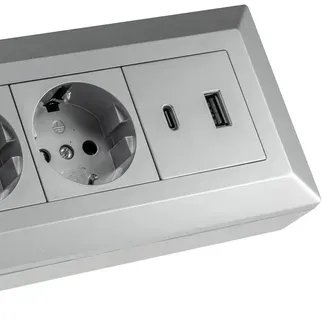 2-fach Steckdosenblock, USB-A+C, silber 250V~/ 16A, Aufbaumontage, USB 3,1A, PD 2-fach Steckdosenblock, USB-A+C, silber 250V~/ 16A, Aufbaumontage, USB 3,1A, PD