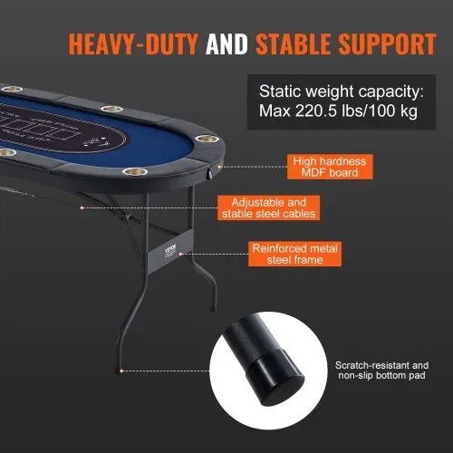 VEVOR Casino Pokertisch Klappbare Tischbeine 1830 x 820 x 720 mm (L x B x H), Faltbarer Pokertisch, Schwarz & Blau Pokerauflage Klapptisch für 8 Spieler, Pokertisch mit Staubschutzhülle Tragbar – Bild 5