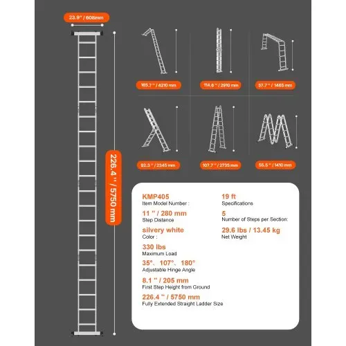 VEVOR Mehrzweckleiter, 7-in-1-Multifunktionsleiter, A-Rahmen, 5-Stufen-Teleskopleiter, Leitergerüst 5750 mm, verstellbare Hochleistungsleiter, 150 kg Tragkraft, für den Außenbereich zu Hause – Bild 6