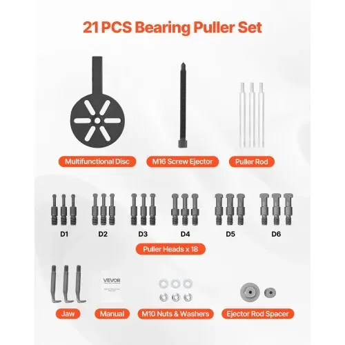 VEVOR Lagerabzieher-Set 21 tlg. 3-Backen-Hakenabzieher für interne und externe Lager & Lager ohne Innenwelle, multifunktionales Lagerentfernungswerkzeug mit robustem, tragbarem Aufbewahrungskoffer – Bild 5