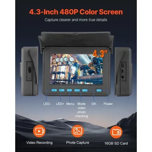 VEVOR Kanalkamera, 50 m, 10,9 cm Rohrinspektionskamera mit Beleuchtung – 6 einstellbare LEDs, 16-GB-Karte, 3-facher Zoom & 8500-mAh-Akku mit hoher Kapazität, IP68 Sanitärkamera für Abwasserrohre – Bild 2