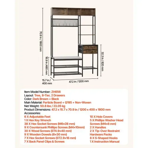 VEVOR Multifunktionale Flurgarderobe (120 x 40 x 180 cm) mit Schuhbank & 2 Schubladen, Garderobenständer mit Bücherablage & Metallgitter, Garderobe mit Stahlrahmen für Eingangsbereich Schlafzimmer – Bild 6