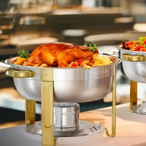 VEVOR Chafing Dish Buffet Speisenwärmer mit 4 Behältern in voller Größe (4,7 L pro), runder Catering-Wärmespender mit Deckel & Wasserpfanne & klappbarer Ständer, für Hochzeiten Partys Golden – Bild 7