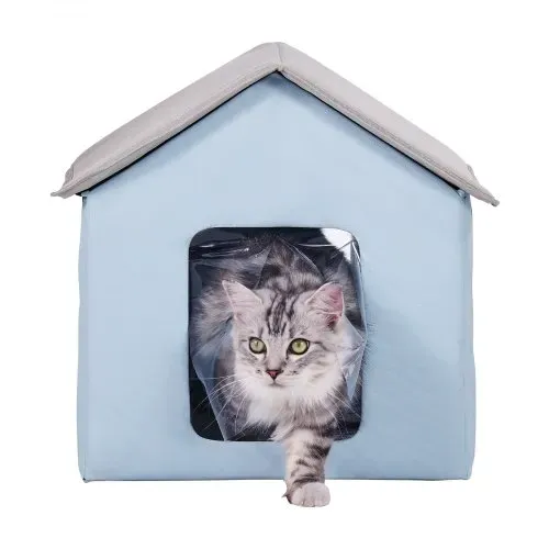 VEVOR Katzenhütte 47x42x47 cm, Katzenhaus, Katzenhöhle, Katzenunterschlupf aus 600D Oxford-Gewebe mit Beheiztem Kissen, Temperaturerhöhung bis 20 °C, für den Winter, Blau (klein) – Bild 8