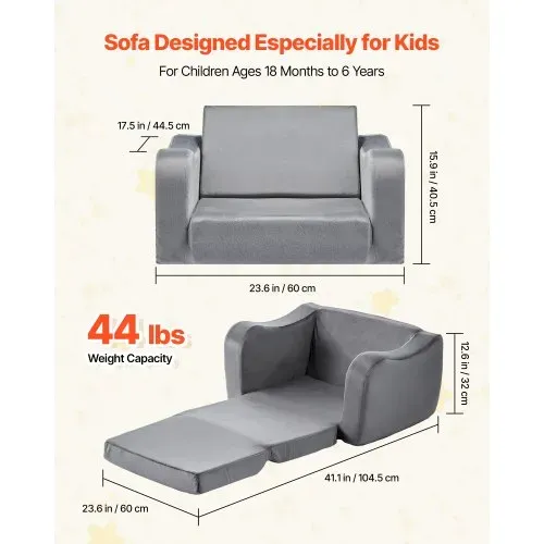 VEVOR Kindersofa Kindersessel aus 28D-Schwamm & kurzem Flor mit Armlehnen, waschbares Kindersofa, Kindercouch umwandelbares Schlafsofa Kleinkindersofa (M) für Spielzimmer Schlafzimmer Wohnzimmer Grau – Bild 2