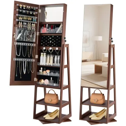 VEVOR 360° drehbarer Schmuckschrank (155 mm hoch) mit Ganzkörperspiegel mit Stauraum, Schmuckschrank-Organizer mit 2 Schlüsseln & Zubehörtaschen & Ablagefächer, Schmuckaufbewahrung VEVOR 360° drehbarer Schmuckschrank (155 mm hoch) mit Ganzkörperspiegel mit Stauraum, Schmuckschrank-Organizer mit 2 Schlüsseln & Zubehörtaschen & Ablagefächer, Schmuckaufbewahrung