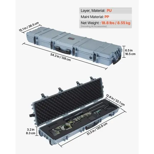 VEVOR Waffenkoffer mit Hartschale für Langwaffen, abschließbarer Gewehrkoffer mit vorgeschnittenen Schaumstoffen, Langwaffenkoffer Waffenaufbewahrung rollbar IP67 wasserfest, 138 x 38,5 x 16,5 cm Grau – Bild 2