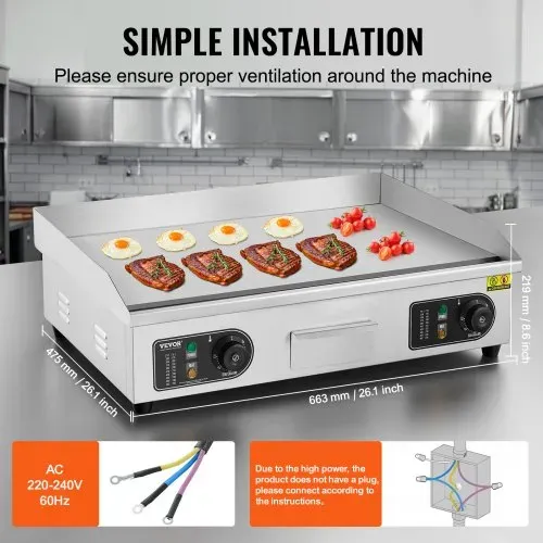 VEVOR Kommerzieller elektrischer Grill, 4000 W, flache Grillplatte für die Arbeitsplatte, einstellbare Temperatur von 122 °F bis 572 °F, 25,98 x 15,75 x 0,39 Zoll, Grillplatte aus Edelstahl mit 2 Schaufeln und 2 Bürsten für Zuhause oder das Restaurant – Bild 4