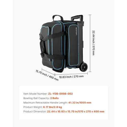 VEVOR Bowlingballtasche für 3 Bälle mit Doppelrollen & separatem Fach für Schuhe (bis US-Größe 16) & übergroßer Zubehörtasche, einziehbarer Griff lässt sich auf 105 cm ausziehen Schwarz + Blau – Bild 6