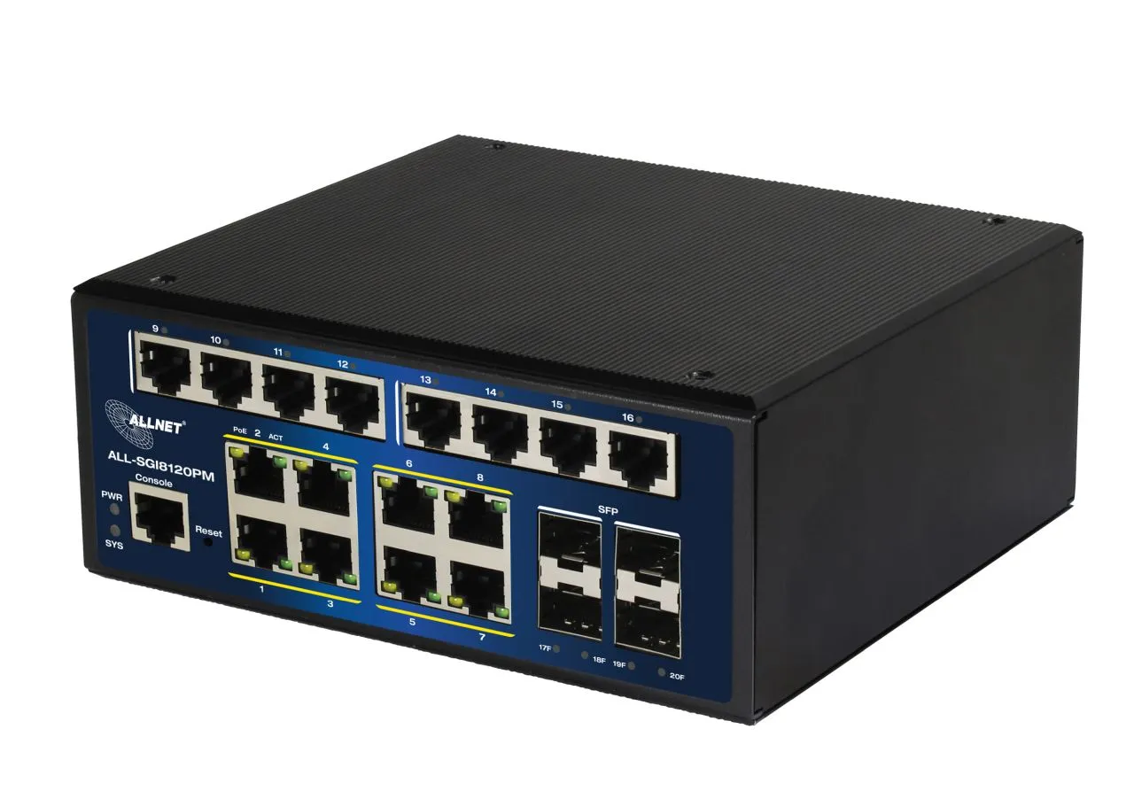 ALLNET Switch industrial full managed Layer2+ 20 Port GbE • PoE Budget 240W • 8x PoE at • 8x GbE • 4x SFP • DIN • Lüfterlos • ALL-SGI8120PM ALLNET Switch industrial full managed Layer2+ 20 Port GbE • PoE Budget 240W • 8x PoE at • 8x GbE • 4x SFP • DIN • Lüfterlos • ALL-SGI8120PM