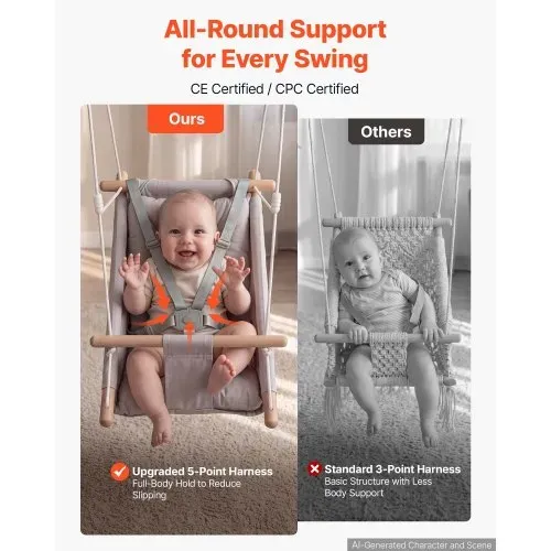 VEVOR 3-in-1 Babyschaukel Kinderschaukel 30kg Hängeschaukel aus Canvas Grau, für Indoor & Outdoor Geeignet, 5-Punkt-Gurt & Baumgurte, Hängesitz aus Holz mit Integriertem Kissen für Kleinkinder bis 3 Jahre – Bild 4