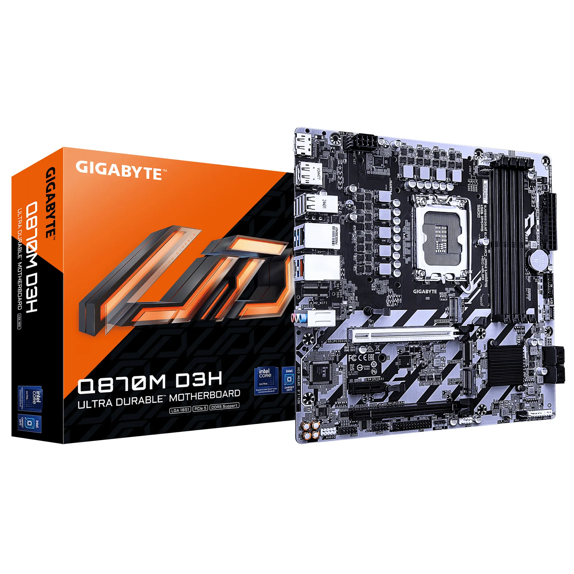 GIGABYTE Q870M D3H Mainboard – Intel Core Ultra (Serie 2) CPUs, 4+1+2-Phasen-VRM, bis zu 6400 MHz DDR5 (O.C), 2× PCIe-4.0-M.2, 2.5-GbE-LAN, USB 3.2 Gen 2 GIGABYTE Q870M D3H Mainboard – Intel Core Ultra (Serie 2) CPUs, 4+1+2-Phasen-VRM, bis zu 6400 MHz DDR5 (O.C), 2× PCIe-4.0-M.2, 2.5-GbE-LAN, USB 3.2 Gen 2