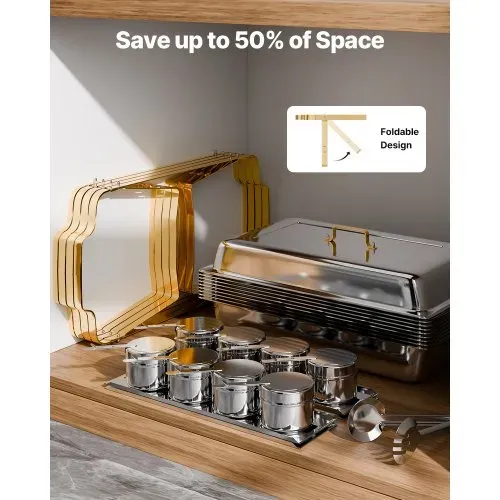 VEVOR Chafing Dish Set Speisenwärmer Edelstahl mit 2 Pfannen in voller Größe (7,5 L) & 4 halbgroßen Pfannen (4 L), rechteckiger Catering-Wärmespender mit Deckel & Wasserpfannenständer, Gold – Bild 5