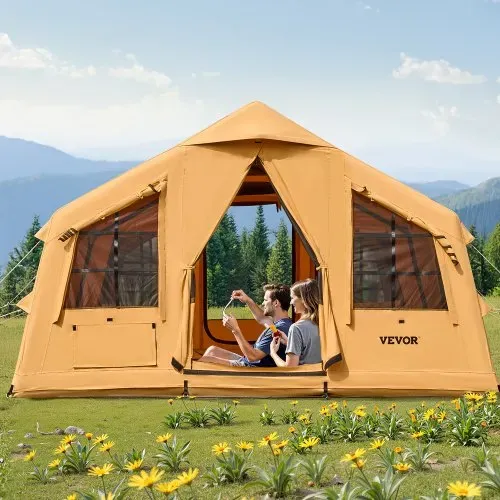 VEVOR Aufblasbares Zelt für Camping 8-12 Personen mit Handpumpe, 4,8x3,6x2,2 m Glamping-Zelt mit 2 Oberlichtern, Baldachin, Ofenanschluss, 2 Türen & Netzfenstern, Aufbewahrungstasche – Bild 7