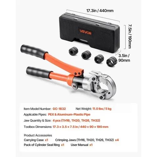 VEVOR Presszange Hydraulik, Crimpzange für PEX- & Aluminium-Kunststoff-Rohre mit TH16-, TH20-, TH26- & TH32-Backen sowie Tragekoffer, Presswerkzeug-Set für Sanitärreparaturen & -installationen – Bild 6