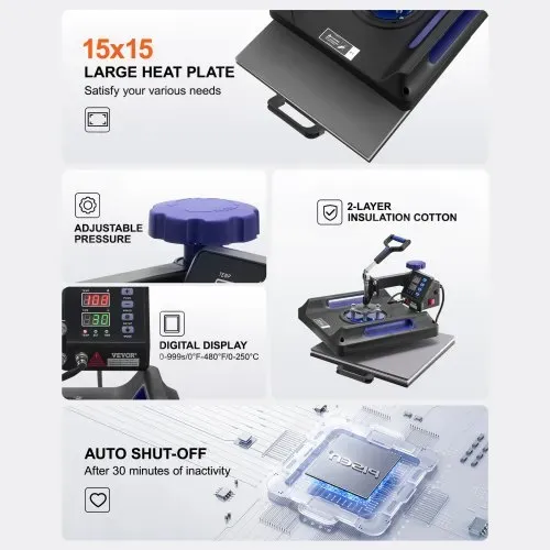 VEVOR Hitzepresse, 15 x 15 Zoll, 5-in-1-Wärmeübertragungsmaschine mit 30-oz-Tumbler-Presse, 360° wegschwenkbares digitales T-Shirt-Pressen, Teflonbeschichtung, für T-Shirts/Tassen/Hüte/Teller, Schwarz+Blau – Bild 5