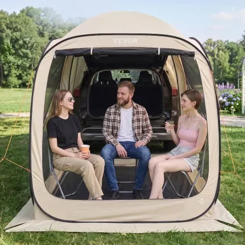 VEVOR Campingzelt, 182,88x182,88 cm, Pop-Up-Zelt für SUV-Heckklappe, tragbares Partyzelt 4-6 Personen mit Tragetasche, Seitenwände aus Netz, für Camping, Garten und Outdoor-Aktivitäten, Beige – Bild 7