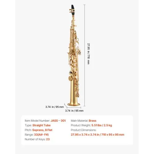 VEVOR Sopransaxophon, B-Dur, Messing-Saxophon-Anfängerset mit Tragetasche, Mundstück, Reinigungstuch, Stab, Handschuhen, Umhängeband, 23-Tasten-Sax-Set, für Anfänger & Schüler, Gold – Bild 6