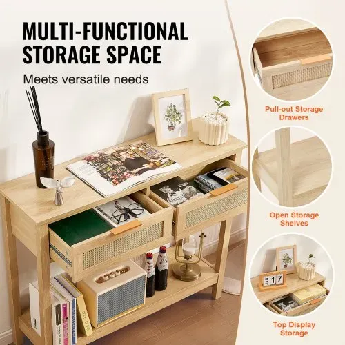 VEVOR Rattan-Konsolentisch mit 2 Schubladen, Rattan-Eingangstisch mit natürlicher Rattan-Schiebetür, Konsolen-Sofatisch für Wohnzimmer, Arbeitszimmer, Eingangsbereich oder Fernsehwand, Natur – Bild 2