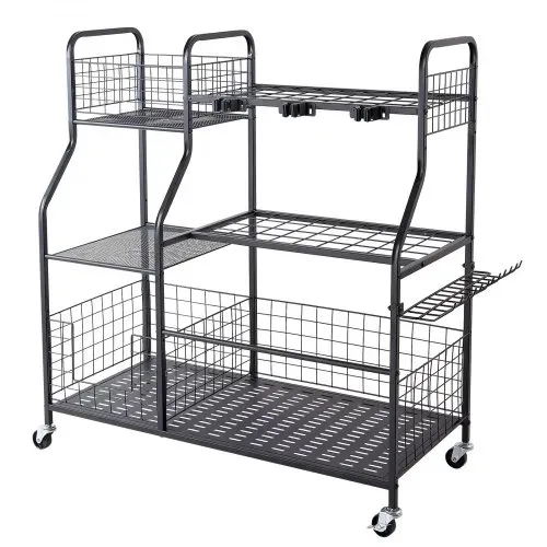 VEVOR Gartengeräte Ständer 1050x435x1005mm Gerätehalter mit Rollen Schwarz, Aufbewahrungsregal für Garage Schuppen Garten, Stahl-Organizer für Besen, mit 3 Ablagefächern Haken & Doppelschichtschlitzen – Bild 10