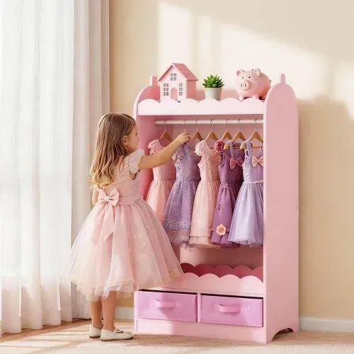 VEVOR Kinderkleiderschrank 604x339x1080mm, Kindergarderobe mit Spiegel Kleiderstange Ablagen, Verkleidungsschrank aus MDF mit Stoffschubladen für Mädchen, Kinderschrank für Kostüme Schlafzimmer, Rosa – Bild 7