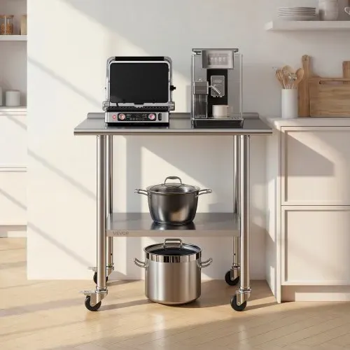 VEVOR Edelstahltisch Gastro 915 x 610 x 894 mm, Verstellbarer Edelstahltisch mit Rollen, Aufkantung (30 mm), Arbeitstisch mit Grundboden für Restaurant Obere Ablage (227 kg) Untere Ablage (191 kg) – Bild 7