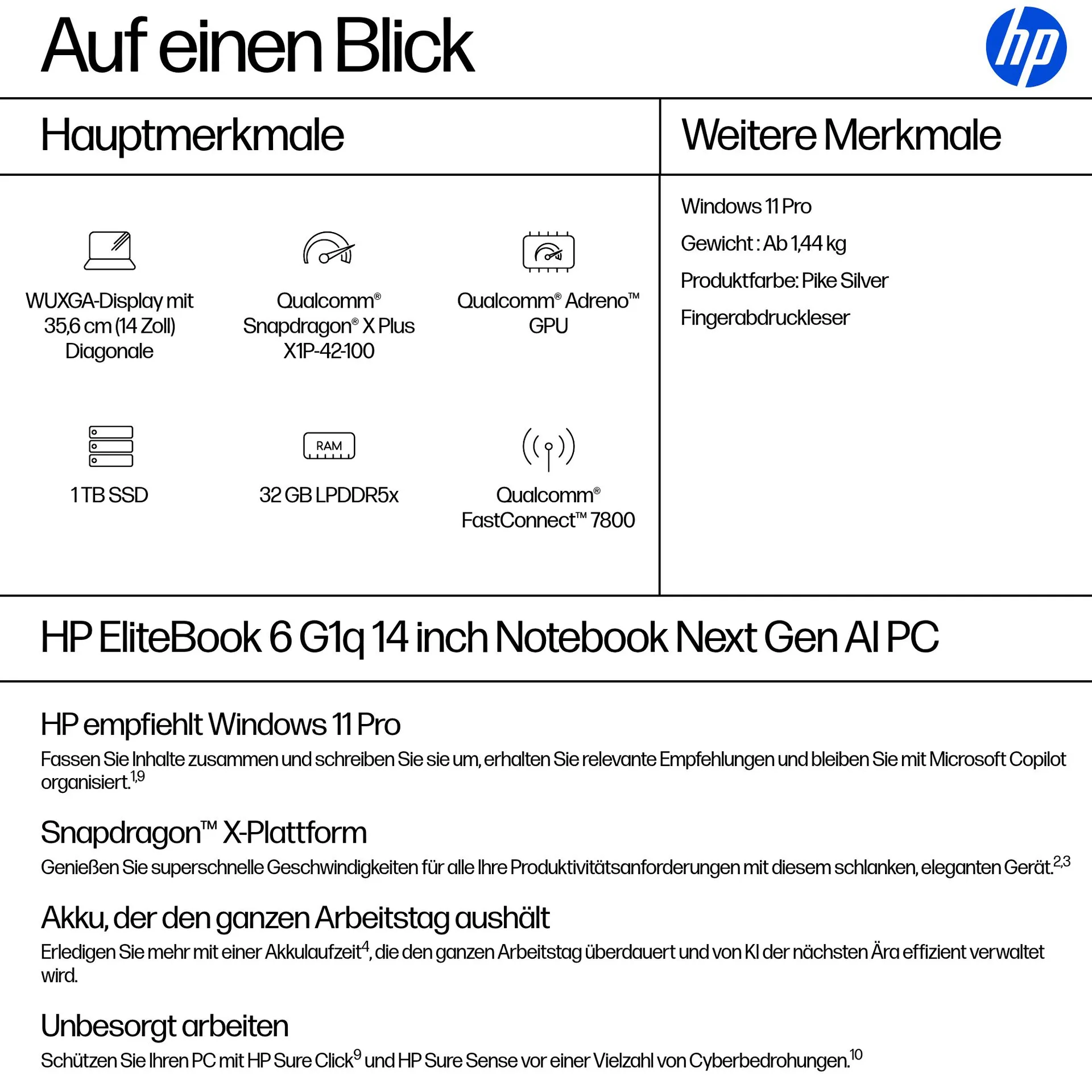 HP EliteBook 6 G1q Next Gen AI PC Copilot+ PC Snapdragon X1P-42-100 Laptop 35,6 cm (14") WUXGA 32 GB LPDDR5x-SDRAM 1 TB SSD Wi-Fi 7 (802.11be) Windows 11 Pro Silber – Bild 4