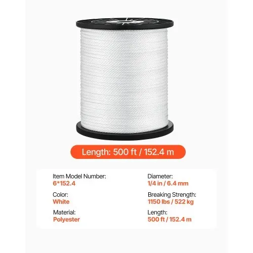 VEVOR Polyesterseil 6,4 mm x 152 m Massiv Geflochtenes Universalseil Weiß, UV-beständiges Allzweckseil für Festmacher Zeltaufbau Camping & Heimgebrauch, 522 kg Bruchlast, 12 Stränge, mit Seilspule – Bild 6