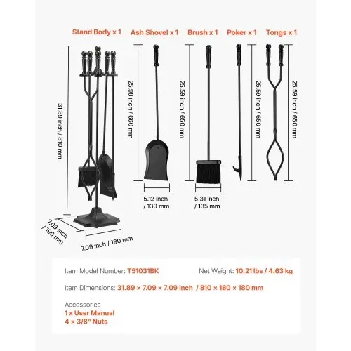 VEVOR Kaminbesteck-Set, 5-tlg. Ofenbesteck-Set, fünfzackiger Ständer, Zange, Ascheschaufel, Bürste, Schürhaken, Kaminzubehör aus Schmiedeeisen für Lagerfeuer drinnen/draußen, Schwarz – Bild 6