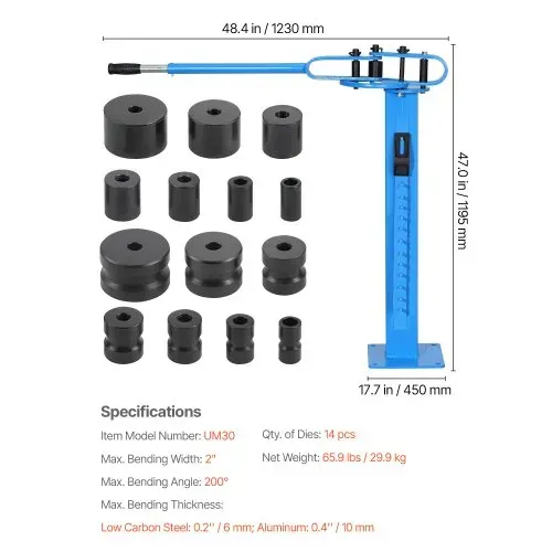 VEVOR Rohrbieger, Rohrbiegegerät mit max. 50,8 mm Außendurchmesser & 14 Biegematrizen, 200° Rohrbiegewerkzeug für Kupfer-, Aluminium- & Eisenrohre, HVAC-, Klimaanlagen-, Kühlschrank- & Autoreparatur – Bild 6