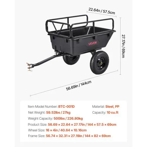 VEVOR Kippanhänger, 226,8 kg, ATV-UTV-Transportanhänger, Kippwagen zum Hinterherziehen mit 40,64 cm Reifen, Handzug oder Fußpedal, Hochleistungs-Hofanhänger für Rasenmäher, Traktor, Gartenabfälle – Bild 6