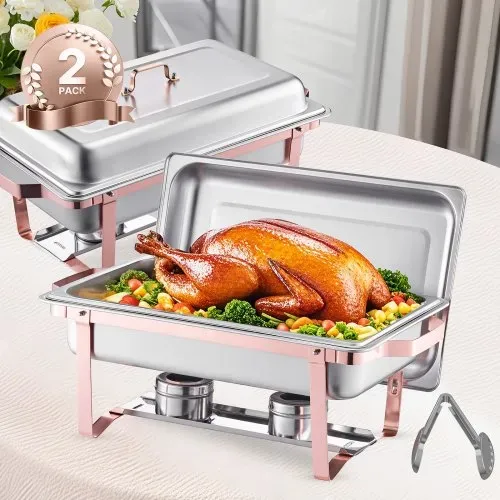 VEVOR Chafing Dish Set 2 Stk. Speisenwärmer Edelstahl mit 2 Pfannen (7,5 L) in voller Größe, rechteckiger Catering-Wärmespender mit Deckel & Wasserpfannenständer & Brennstoffhalter, Roségold – Bild 7
