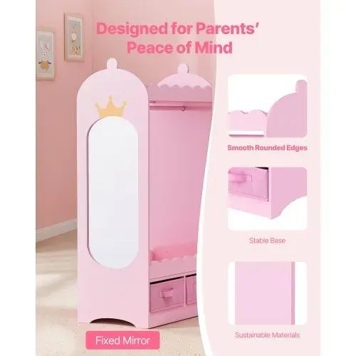VEVOR Kinderkleiderschrank 604x339x1080mm, Kindergarderobe mit Spiegel Kleiderstange Ablagen, Verkleidungsschrank aus MDF mit Stoffschubladen für Mädchen, Kinderschrank für Kostüme Schlafzimmer, Rosa – Bild 5