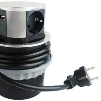 Schreibtisch-Einbausteckdose 3x +USB A+C versenkbar, Edelstahl-Ausführung, rund Schreibtisch-Einbausteckdose 3x +USB A+C versenkbar, Edelstahl-Ausführung, rund