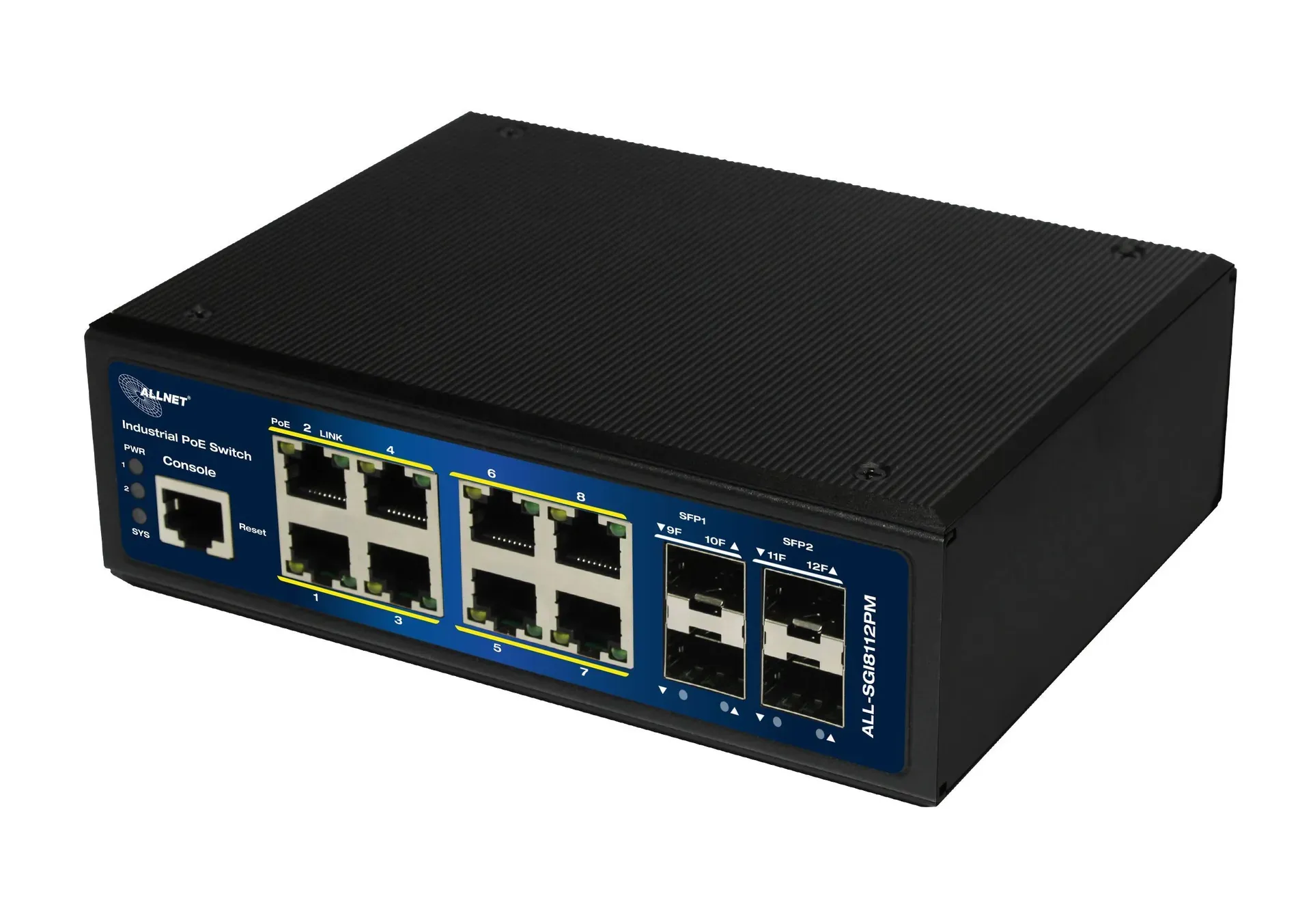 ALLNET Switch industrial full managed Layer2+ 12 Port GbE • PoE Budget 240W • 8x PoE BT • 4x SFP • Lüfterlos • DIN • JSON API • ALL-SGI8112PMJ-BT ALLNET Switch industrial full managed Layer2+ 12 Port GbE • PoE Budget 240W • 8x PoE BT • 4x SFP • Lüfterlos • DIN • JSON API • ALL-SGI8112PMJ-BT
