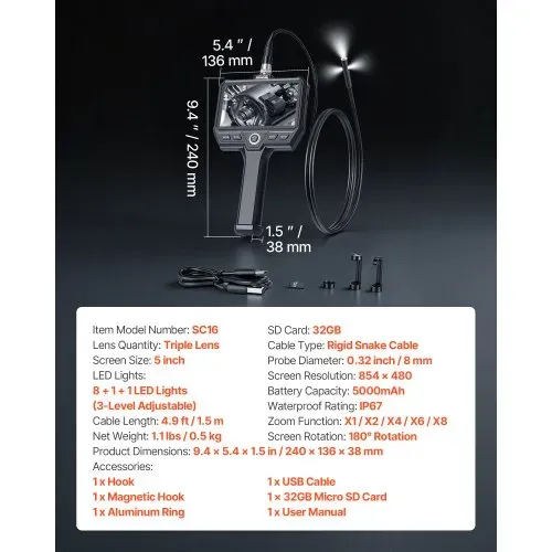 VEVOR Triple Lens Endoskopkamera mit Licht, Inspektionskamera mit 5 Zoll Bildschirm 1,5 m Kabel & 5000mAh Akku, 8 mm Kanalkamera mit 8X Zoom & IP67, Boroskopkamera mit Handgriff für Auto Rohre Abfluss – Bild 6