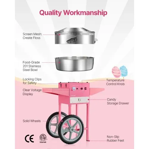 VEVOR elektrische Zuckerwattemaschine kommerzielle Zuckerwattegeräte mit Wagen (1000 W) mit 52 cm Edelstahlschüssel & Zuckerschaufel & Schublade, perfekt für Kindergeburtstage Familienfeiern Rosa – Bild 4