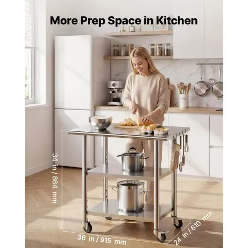 VEVOR Gasto Arbeitstisch 915 x 610 x 864 mm, Edelstahltisch mit 3 Ebenen & Rollen & Höhenverstellbaren Ablagen Belastbarkeit Top 227 kg & 2 Unterablagen je 191 kg Vorbereitungstisch für Restaurant VEVOR Gasto Arbeitstisch 915 x 610 x 864 mm, Edelstahltisch mit 3 Ebenen & Rollen & Höhenverstellbaren Ablagen Belastbarkeit Top 227 kg & 2 Unterablagen je 191 kg Vorbereitungstisch für Restaurant