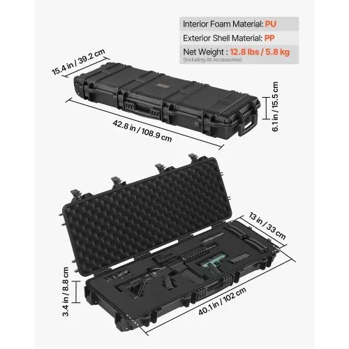 VEVOR Waffenkoffer mit Hartschale für Langwaffen abschließbarer Gewehrkoffer mit vorgeschnittenen Schaumstoffen, Langwaffenkoffer Waffenaufbewahrung rollbar IP67 wasserfest, 108,9 x 39,2 x 15,5 cm Schwarz – Bild 2